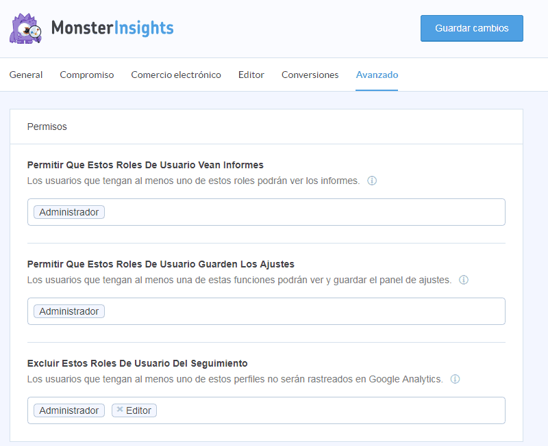 Menú Avanzado Monster Insights