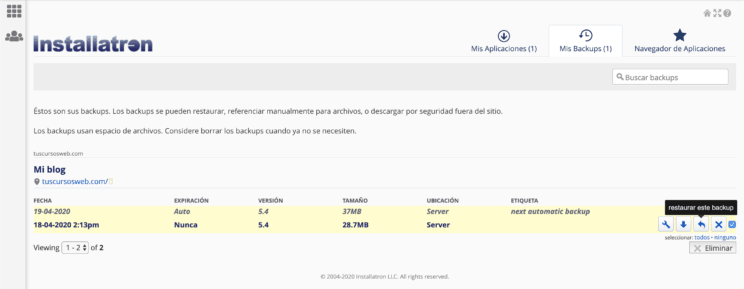 Installatron - selecciona el backup