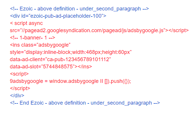 código de Ezoic envolviendo código de adsense