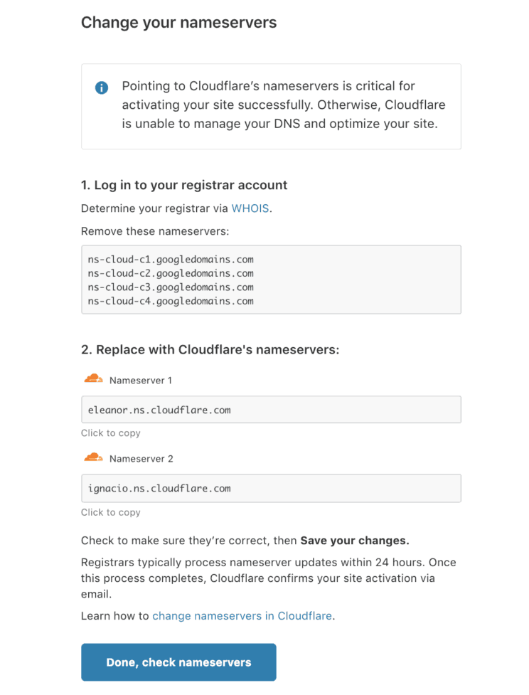 Cloudflare - cambiar los servidores de dominio